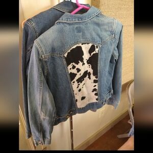 GAP Upcycled Blue Denim Jacket with Cow Print Back Panel